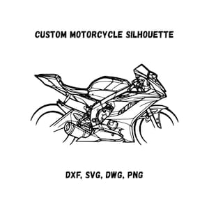 Könnte beinhalten: Eine Schwarz-Weiß-Strichzeichnung einer individuellen Motorradsilhouette. Der Text "CUSTOM MOTORCYCLE SILHOUETTE" befindet sich über dem Motorrad. Unter dem Motorrad stehen die Buchstaben "DXF, SVG, DWG, PNG".