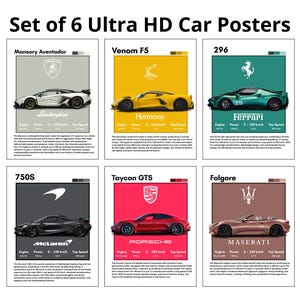 May include: Set of six Ultra HD car posters featuring various sports cars, including a white Lamborghini, a yellow Hennessey, and a green Ferrari. Each poster includes the car's name, logo, and performance specifications.