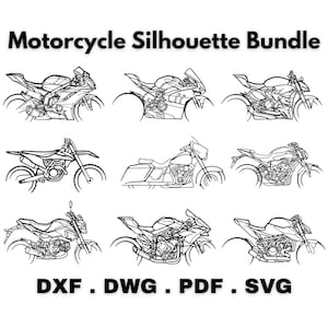 May include: A collection of nine motorcycle silhouette designs in black and white. The image includes various motorcycle styles, with the text "Motorcycle Silhouette Bundle" at the top and file type extensions: DXF, DWG, PDF, and SVG at the bottom.