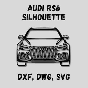 Puede incluir: Silueta en blanco y negro de un coche Audi RS6. La imagen incluye el texto "AUDI RS6 SILHOUETTE" en la parte superior y "DXF, DWG, SVG" en la inferior. Se aprecia la parrilla frontal y los faros del coche.