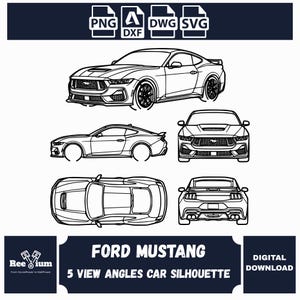 Puede incluir: Dibujo lineal en blanco y negro de un Ford Mustang en cinco vistas diferentes. La imagen incluye el texto "FORD MUSTANG 5 VIEW ANGLES CAR SILHOUETTE" e iconos de tipo de archivo.