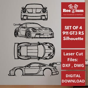 Op de afbeelding: Vier zwarte lijntekeningen van een Porsche 911 GT3 RS silhouet, met aanzichten van voor, zijkant, bovenkant en zijkant. De afbeelding bevat tekst: "SET OF 4 911 GT3 RS Silhouette" en "DIGITAL DOWNLOAD".