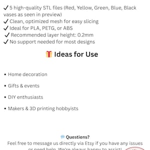 Pode incluir: Imagem com texto detalhando arquivos de impress&atilde;o 3D. Inclui 5 arquivos STL para vasos em vermelho, amarelo, verde, azul e preto. Possui malha otimizada, altura de camada recomendada de 0,2 mm e n&atilde;o necessita de suporte. Ideias de uso: decora&ccedil;&atilde;o de casa, presentes, fa&ccedil;a voc&ecirc; mesmo e criadores.