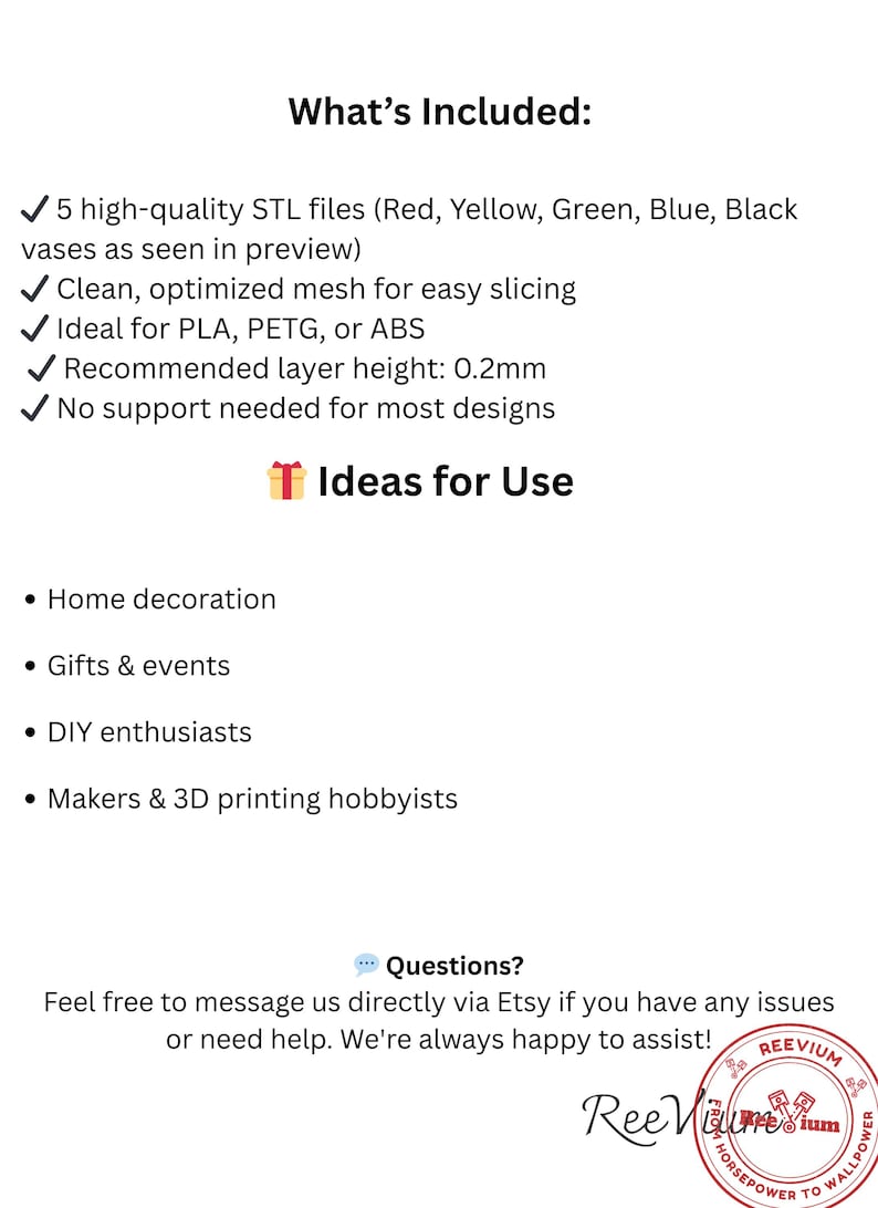 Pode incluir: Imagem com texto detalhando arquivos de impress&atilde;o 3D. Inclui 5 arquivos STL para vasos em vermelho, amarelo, verde, azul e preto. Possui malha otimizada, altura de camada recomendada de 0,2 mm e n&atilde;o necessita de suporte. Ideias de uso: decora&ccedil;&atilde;o de casa, presentes, fa&ccedil;a voc&ecirc; mesmo e criadores.