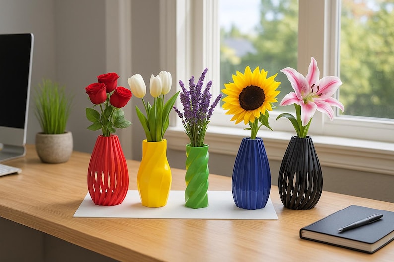 Pode incluir: Uma cole&ccedil;&atilde;o de vasos coloridos impressos em 3D, cada um com um tipo diferente de flor. Os vasos s&atilde;o vermelhos, amarelos, verdes, azuis e pretos. As flores incluem rosas, tulipas, lavanda, um girassol e um l&iacute;rio rosa. Os vasos est&atilde;o em uma mesa de madeira.