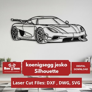 May include: Black silhouette of a Koenigsegg Jesko sports car. The image shows the car's outline, including wheels, spoiler, and body details. Text on a red banner reads "koenigsegg jesko Silhouette" and "DIGITAL DOWNLOAD". Below, it says "Laser Cut Files: DXF, DWG, SVG".