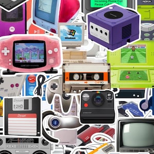 May include: A collage of retro electronics and gaming devices. Includes a pink Game Boy Advance, a purple Nintendo GameCube, a Polaroid camera, a cassette tape, a floppy disk, and a Windows 95 computer monitor. Other items include a Nokia phone and a boombox.