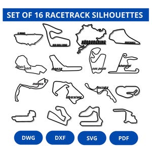 May include: A collection of 16 black racetrack silhouettes, including Le Mans, Nürburgring, and Monza, with the text "SET OF 16 RACETRACK SILHOUETTES" at the top. Below are the file type options: DWG, DXF, SVG, and PDF.