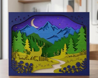 Layered Mountain Forest Wall Art SVG DXF | Deer Night Scene Laser Cut Files