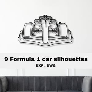 Op de afbeelding: Zwart metalen silhouet van een Formule 1-auto. De afbeelding toont een gedetailleerde omtrek van een raceauto, met zichtbare banden, chassis en aerodynamische kenmerken. De tekst "9 Formule 1 auto silhouetten" staat eronder.