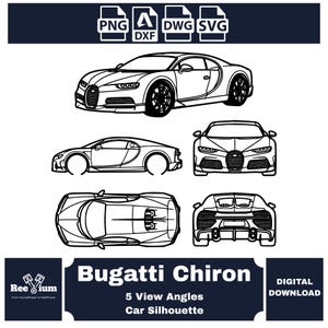 May include: A black and white line drawing of a Bugatti Chiron car, shown from five different perspectives. The image includes the text "Bugatti Chiron", "5 View Angles", and "Car Silhouette". The image also includes the text "DIGITAL DOWNLOAD".