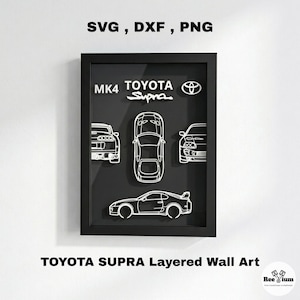 Toyota Supra Layered Wall Art Svg Dxf Png | 3D JDM Bil Laserskuren Fil | Garagedekor | Glowforge CNC Nedladdning
