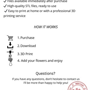Pode incluir: Gr&aacute;fico branco com o texto "INSTANT DOWNLOAD" e uma lista de recursos: arquivos dispon&iacute;veis imediatamente, arquivos STL de alta qualidade e f&aacute;ceis de imprimir. As instru&ccedil;&otilde;es incluem compra, download, impress&atilde;o 3D e adicionar flores. Inclui uma se&ccedil;&atilde;o "Perguntas?".