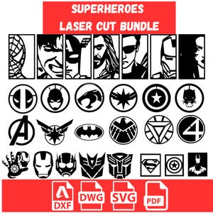 以下が含まれることがあります： スーパーヒーローのデザインが施されたレーザーカットバンドル。画像には、スパイダーマン、キャプテンアメリカ、アイアンマンなどのさまざまなスーパーヒーローの顔とロゴ、およびファイルタイプのアイコンが含まれています。「SUPERHEROES LASER CUT BUNDLE」というテキストが上部に表示されています。
