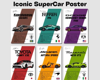 100 Iconic Supercar Posters bundle | 300DPI PDF & PNG | Printable Wall Art Set