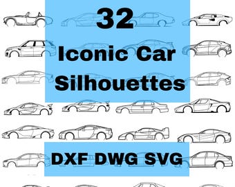 May include: A collection of 32 iconic car silhouettes in a line drawing style. The image includes the text "32 Iconic Car Silhouettes DXF DWG SVG" in a blue rectangle.