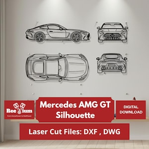 Peut inclure: Silhouette noire en métal d'une voiture Mercedes AMG GT, présentée sous quatre angles : latéral, avant, dessus et arrière. L'image comprend le texte "Mercedes AMG GT Silhouette" et "Laser Cut Files: DXF, DWG".