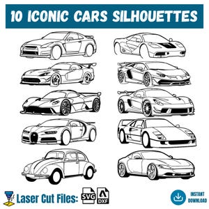 Può includere: Illustrazione in bianco e nero di dieci sagome di auto iconiche, tra cui auto sportive e un classico Volkswagen Beetle. Il testo in alto recita "10 ICONIC CARS SILHOUETTES". Sotto, il testo dice "Laser Cut Files: SVG DXF" con un'icona di download.