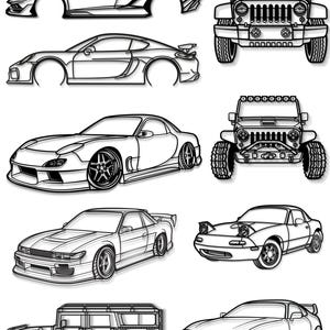 Puede incluir: Ilustraciones en blanco y negro de varios coches, incluyendo un deportivo, un Jeep y un descapotable. La imagen presenta contornos detallados de diferentes modelos de vehículos, mostrando sus diseños y características distintivas.
