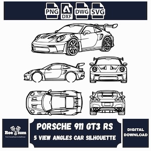 Può includere: Un'illustrazione digitale in bianco e nero a linee di una Porsche 911 GT3 RS mostrata da cinque diverse angolazioni, incluse viste frontale, laterale, posteriore e dall'alto. Il grafico include icone di formato PNG, DXF, DWG e SVG.