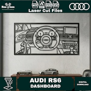 Può includere: Un'opera d'arte da parete in metallo nero con il profilo tagliato al laser del cruscotto di un'Audi RS6, che include il volante con il logo Audi, il quadro strumenti, la console centrale e la leva del cambio, disponibile come file digitale.