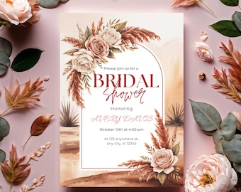 Boho Bridal Shower Invitation, Editable Canva Template, Arch Design, Rustic Blush Pampas Floral, Printable Invite for Bride, Text Invite