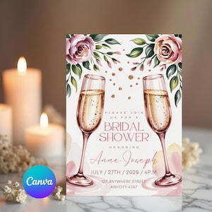 Bridal Shower Invitation Template, Editable Champagne Glass Bridal Shower Invite, Printable Bridal Party Invitation, Digital Download