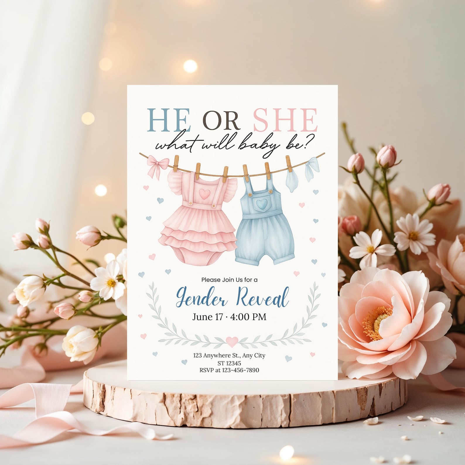 Pink Blue Baby Clothes Gender Reveal Invitation He or She Clothesline ...