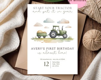 Bearbeitbare Traktor Geburtstagseinladung Grün Bauernhof Thema Digitale Vorlage Druckbare erste Geburtstagsfeier laden rustikale Barnyard Jungenkarte ein