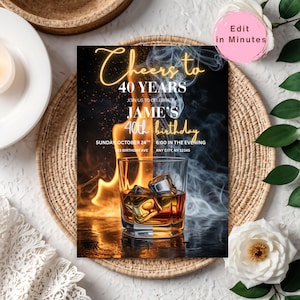May include: A birthday invitation with a whiskey glass, ice cubes, and flames. The text reads "Cheers to 40 Years" and "James' 40th birthday" with event details. The design is set against a black background.