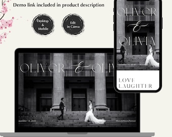 May include: A wedding website template displayed on a laptop and smartphone. The website features a black and white photo of a couple, with the names "OLIVER & OLIVIA" and the words "LOVE LAUGHTER". The text "WEDDING WEBSITE" is at the top.