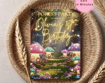 Fairy First Birthday Invitation | Whimsical Pink Butterfly Enchanted Garden Theme | Editable 1st Birthday Party Custom Invite Template