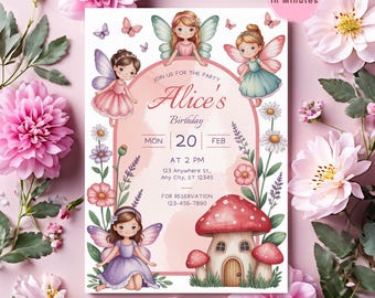 Editable Fairy Birthday Invitation Template Enchanted Whimsical Garden Forest Girl Invite Floral Magical Princess Party Instant Download