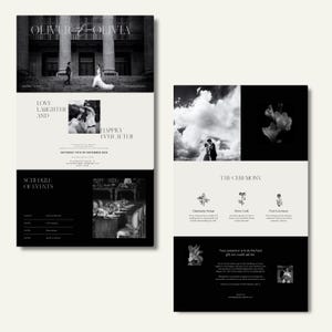 May include: Two-page wedding invitation design in black and white. The left page features a photo of the couple and event details. The right page includes photos, event information, and the text "OLIVER & OLIVIA".