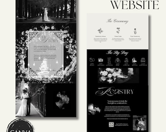 Neutral Black & Ivory Floral Wedding Website Template with RSVP: Editable Canva Design (Digital Download)