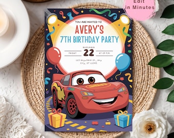 Cars Birthday Invitation, Birthday Invitation, Lightning Car Invitation, Kids Birthday Invitation, Digital Invitation, Canva Editable