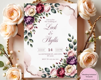 Florale Hochzeitseinladung Vorlage Burgund & Blush Rose Hochzeit einladen bearbeitbare Canva digitaler Download elegante druckbare Hochzeitskarte