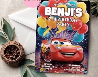 Lightning Car Birthday Invitation: Cars Theme, Editable Canva Template (Digital Download)