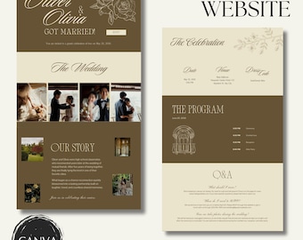 Modelo de site de casamento luxuoso com vegetação campestre, convite digital editável, RSVP, registro, dinheiro antigo, elegante, Canva, faça você mesmo, download