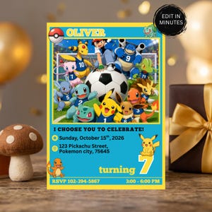 Pokemon Soccer Birthday Invitation Editable, Pokemon Football Party Invite Template, Boy Birthday Card Digital Download, Pikachu Invite