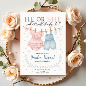 Pink Blue Baby Clothes Gender Reveal Invitation He or She Clothesline Template Editable Gender Reveal Invite Digital Download Baby Invite