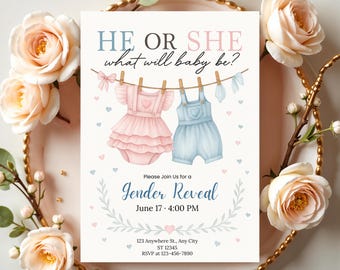 Pink Blue Baby Clothes Gender Reveal Invitation He or She Clothesline Template Editable Gender Reveal Invite Digital Download Baby Invite