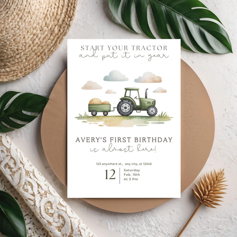 Editable Tractor Birthday Invitation Green Farm Theme Digital Template ...