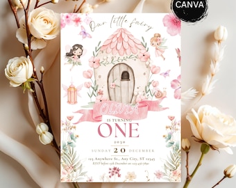 Fairy First Birthday Invitation, Pink Butterfly Garden Theme (Digital Download)