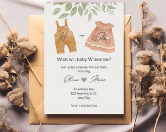 May include: A gender reveal party invitation featuring watercolor illustrations of baby clothes. The text reads "He or She? What will baby Wilson be?" with event details and RSVP information. The invitation is set against a neutral background.