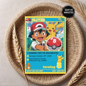 May include: A blue and yellow birthday invitation featuring cartoon characters and the text "OLIVER" at the top. The invitation includes the text "I CHOOSE YOU TO CELEBRATE!" and "turning 8". The invitation is set against a woven background.