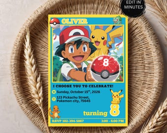 Edytowalne zaproszenie na urodziny Pokémona, zaproszenie na imprezę Ash Pikachu, szablon do druku, motyw z kreskówek dla dzieci, cyfrowe pobieranie, 7., 8., 6. urodziny