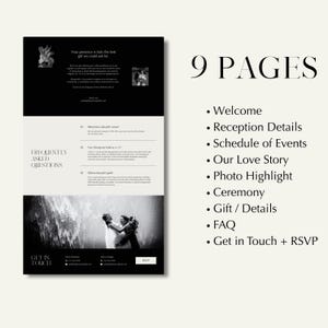 May include: A wedding invitation design with a black and white theme. The left side features a black background with white text and a photo. The right side lists nine pages, including Welcome, Reception Details, and FAQ.