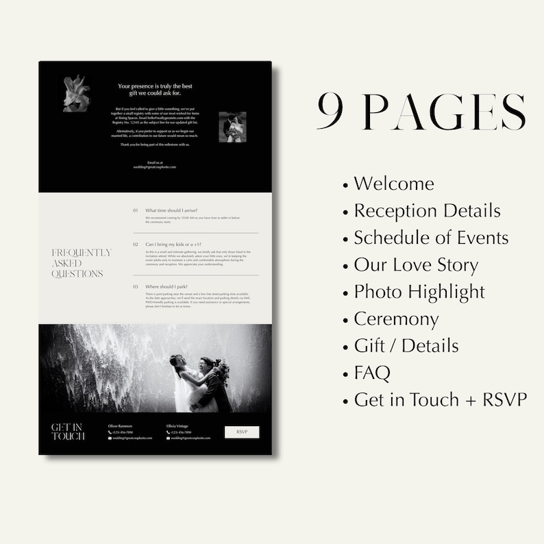 May include: A wedding invitation design with a black and white theme. The left side features a black background with white text and a photo. The right side lists nine pages, including Welcome, Reception Details, and FAQ.