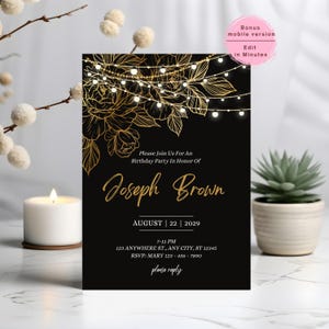 Svartguld födelsedagsinbjudan, redigerbar festmall för blommiga ljusslingor, elegant digital nedladdning i PDF-format för Canva